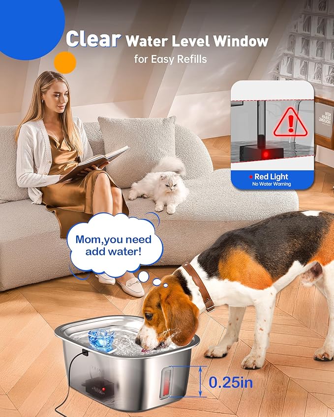 Dog Water Fountain for Large Dogs Stainless Steel, 3Gal Extra Large Dog Water Bowl Dispenser with 2 Filters & Visual Window, Automatic Filtered Pet Fountain Indoor, Quiet Safe Pump with LED Indicator