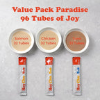 Squeezable Cat Treats, Lickable Puree, Grain-Free, 96 Tubes, Tuna Salmon Chicken, 0.5oz Each Tube