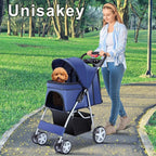 4 Wheels Pet Stroller for Small Medium Dogs Cats 10-33 lbs, Foldable Dog and Cat Stroller with Cup Holder & Storage Basket & Breathable Mesh, Pet Strolling Cart for All-Season, Navy Blue