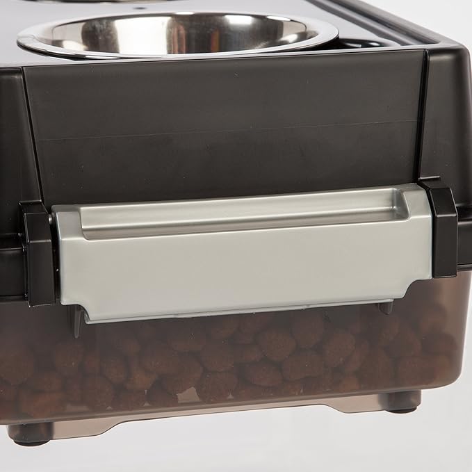 IRIS USA 2-in-1 Elevated Dog Bowls 6" H with Airtight Pet Food Storage Container Holds Up to 5 Lbs, Removable 4 Thick 16 oz Stainless Steel Bowls, at Home or Camping Pet Dish Bowl Set, Smoke/Black