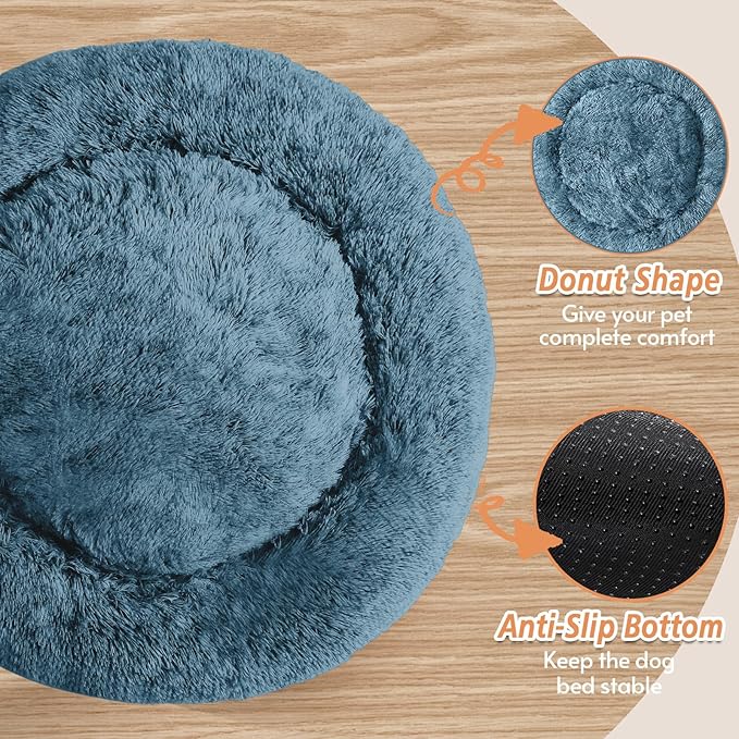 JOLLYVOGUE Calming Dog & Cat Bed for Small Dogs, Anti-Anxiety Donut Cuddler Cozy Soft Round Bed with Anti-Slip Bottom, Fluffy Faux Fur Plush Cushion Beds for Small Medium Pets (23")