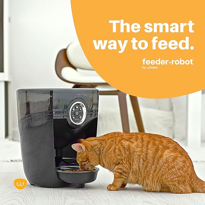 Feeder-Robot by Whisker, Black with Smoke-Grey Hopper; Includes Backup Battery; Smart, Automatic Pet Feeder, Feed Your Cat or Dog from Anywhere, Designed & Assembled in USA