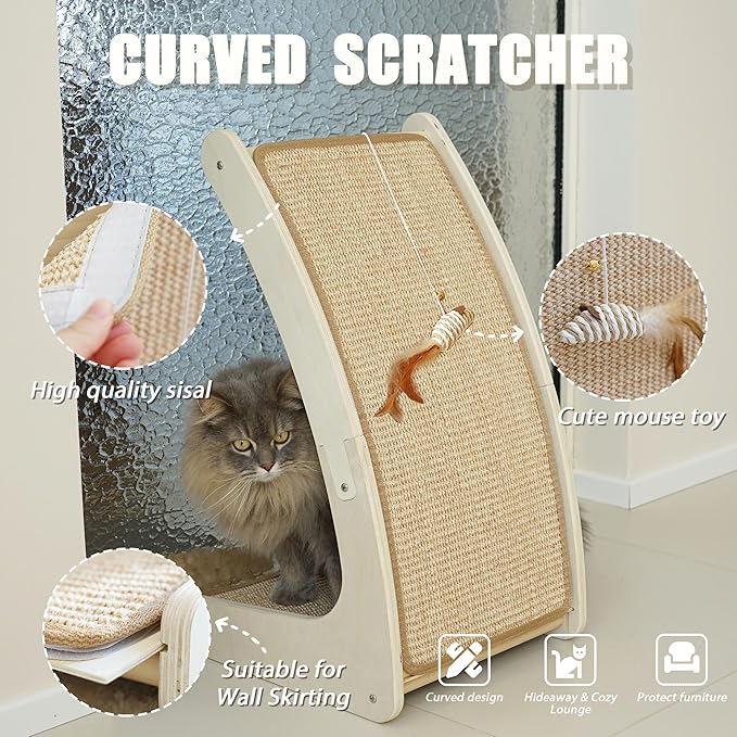 Cat Scratcher, Curved Scratching Board for Indoor Cats, Protecting Furniture Scratch Pad, Floor Mounted Scratching with Mouse Toy, Catnip