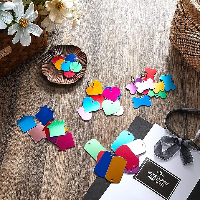 Frienda 48 Pcs Blank Pet ID Tag Colorful Aluminum Dog Cat Badge Blank Round Heart Star Bone House Rectangle Tags with Ring Pet ID Badge Pendant with Hole for Dog Cat Name Phone Number, 6 Styles