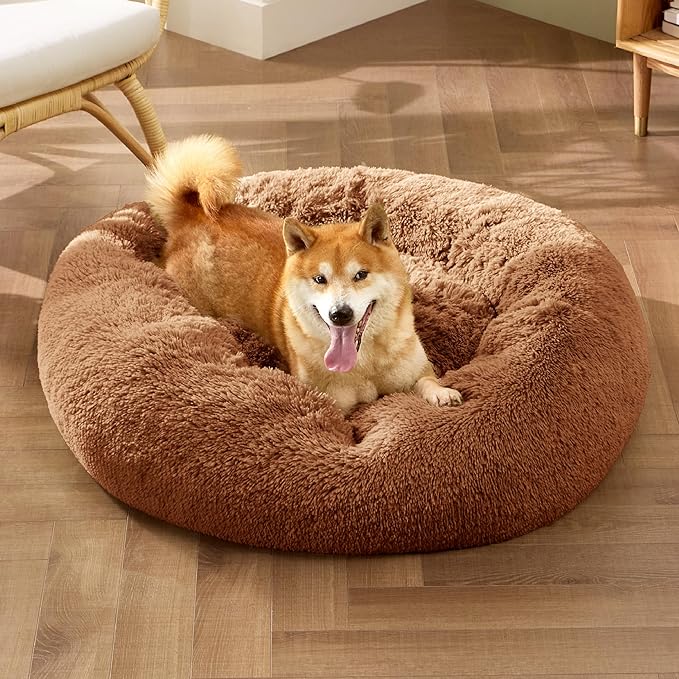 Bedsure Calming Dog Bed for Medium Dogs - Donut Washable Medium Pet Bed, 30 inches Anti-Slip Round Fluffy Plush Faux Fur Cat Bed, Fits up to 45 lbs Pets, Caramel