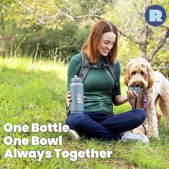 Dog Water Bottle for Dog Lovers - 32 oz Stainless Steel Double Wall Insulated Water Bottle with 8 oz Detachable Bowl on Bottom- Ideal Doggy Lover Gift for Hiking, Walking, Travel - “Love Smoky Grey