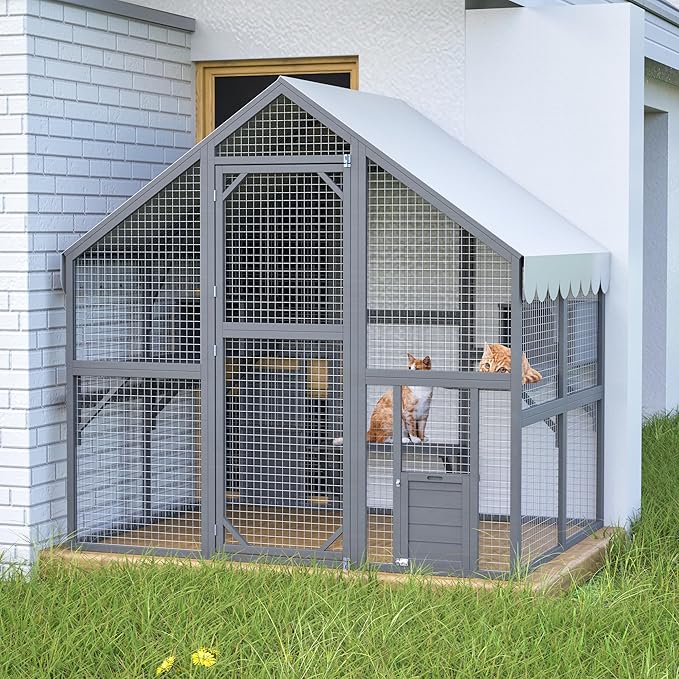 28ft² Large Outdoor Cat House, Luxury Wooden Walk-in Catio Enclosure with 2 Doors & 2 Hiding Houses, Escape-Proof Locks + Waterproof Roof - Customizable Multi-Cat Playpen (Gray)