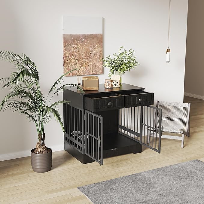Dog Crate Furniture with 2 Drawers, 35.1" Indoor Wooden Animal Kennel with Detachable & Adjustable Feeder 2 Bowls, Large Medium Small Dog Cage End Table (Advanced Black)