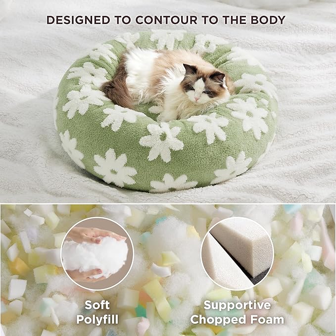 LE SURE Donut Small Dog Bed - Round Cat Beds for Indoor Cats Calming Pet Beds, Cute Modern Beds with Jacquard Shaggy Plush & Anti Slip Bottom, 20 Inch, Green,XS (20x20x6)