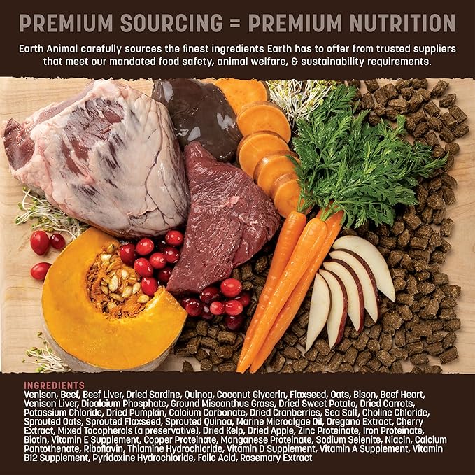 Earth Animal Wisdom Air Dried Dog Food | From The Land Recipe Premium Natural Dog Food | Venison, Beef, Bison | All Breeds & Ages | Made in The USA | 8 Pound Bag