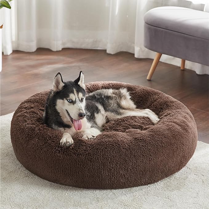 Bedsure Calming Dog Bed for Large Dogs - Donut Washable Large Pet Bed, 36 inches Anti-Slip Round Fluffy Plush Faux Fur Dog Bed, Fits up to 80 lbs Pets, Coffee