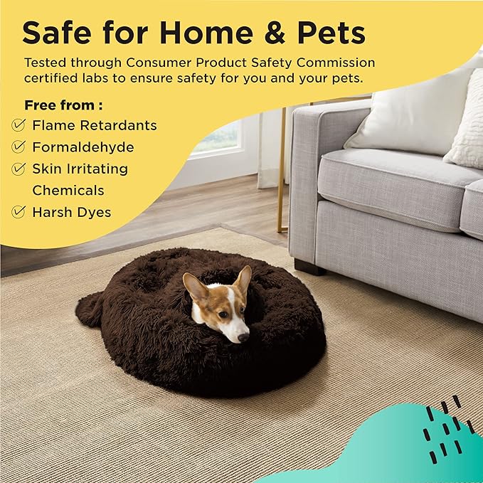 Best Friends by Sheri Bundle Set The Original Calming Shag Donut Cuddler Cat and Dog Bed + Pet Throw Blanket Dark Chocolate Small 23" x 23"