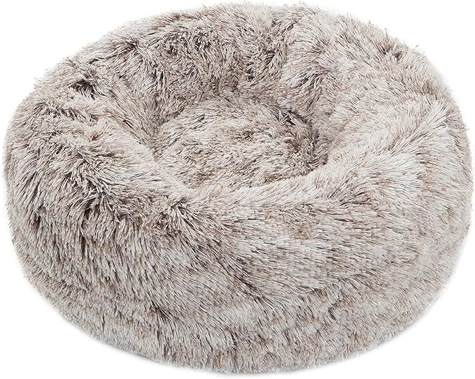 Calming Donut Dog Bed Medium, Plush Round Cuddler Dog & Cat Bed, Anit-Anxiety Marshmellow Fluffy Faux Fur Cushion(24", Brown)