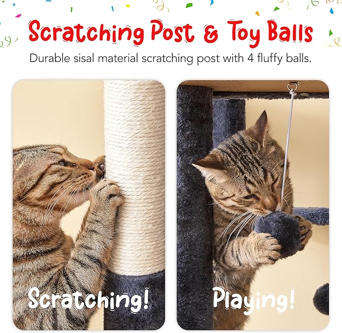 66-Inch Tall Cat Tree for Indoor Cats, Multi-Level Large Cat Tower with 3 Hammocks, 2 Padded Perches, cat Tree Tower with Scratching Post and Hanging Toys for Large Adult,Smoky Grey