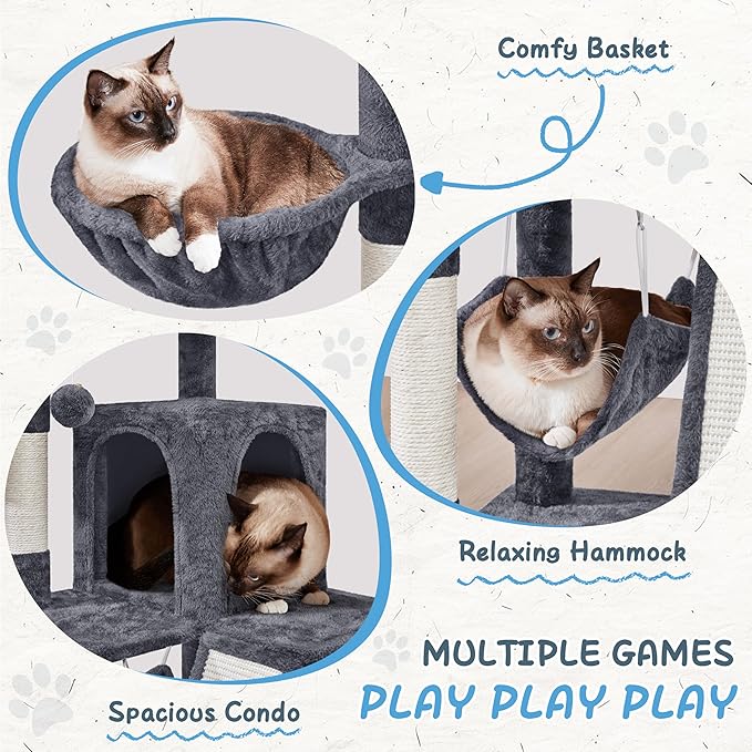 Yaheetech Cat Tree Tower, 40-Inch Condo with Hammock, Oversized Soft Platform, Scratching Board, Basket, Pet Beds & Furniture for Large Kittens, Dark Gray