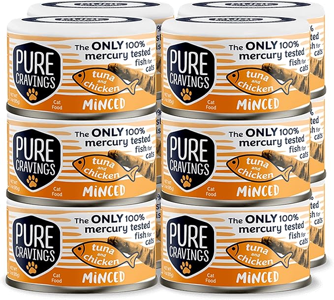 Minced Tuna and Chicken Wet Canned Cat Food, 100% Mercury-Tested, Moist Can Fish for Cats, Grain-Free, Protein, Non-GMO, 3oz, Pack of 12