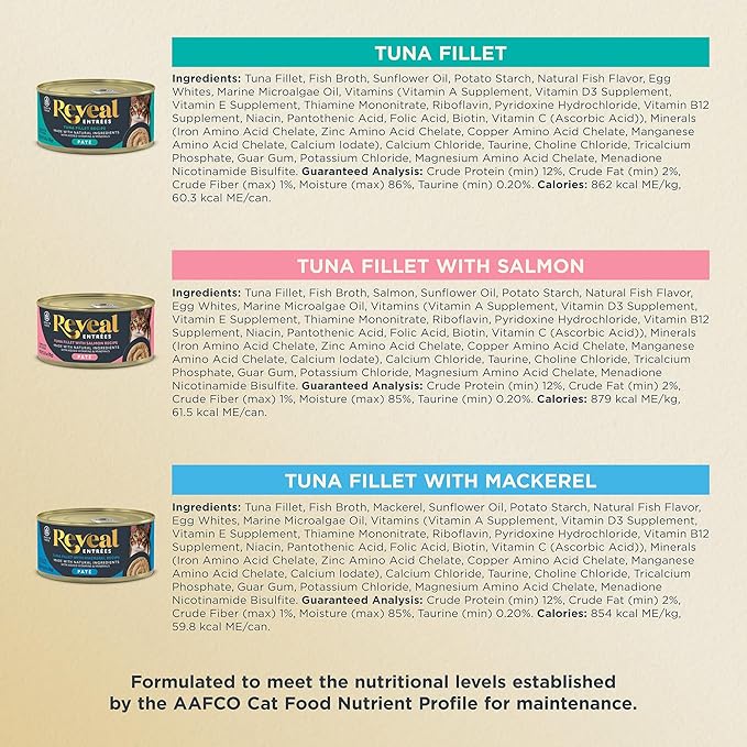 Reveal Entrées Natural Wet Cat Food Paté, Grain-Free with Added Vitamins & Minerals, Carrageenan-Free Protein, Fish Variety Selection Paté (12 x 2.47 oz Cans)