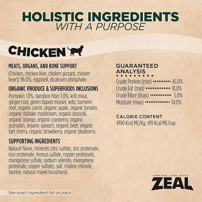 ZEAL Canada Air-Dried Cat Food Chicken Recipe - High Protein, Natural Superfoods, Nutrient Rich, No Fillers, Grain Free, Complete & Balanced (Chicken, 5 oz)