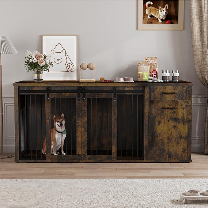 Large Dog Crate Furniture Large Breed,71 Inch Wooden Dog Crate with Tilt Out Trash Cabinet,Drawers,Divider and Sliding Barn Door, Double Doors Dogs Crate for 2 Dogs (Modern Walnut)
