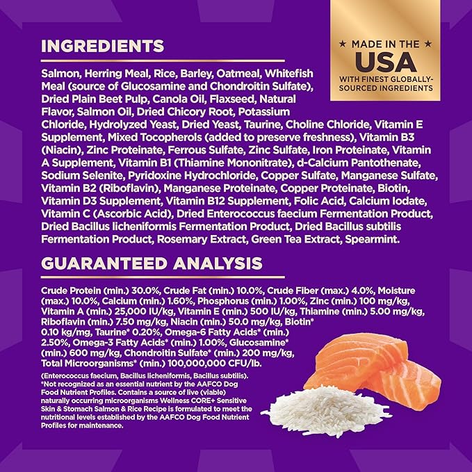 Wellness CORE+ Sensitive Skin & Stomach Dry Dog Food with Freeze Dried Pieces, Wholesome Grains, High Protein, Natural, Salmon & Rice Recipe, (4-Pound Bag)