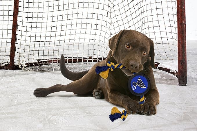 First Dog Rubber & Rope Tug Toy. St. Louis Blues NHL Puck Toy for Dogs & Cats. Play Hockey with Your Pet!
