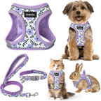 GAMUDA Small Dog Harness Collar and Leash Set, Step in No Chock No Pull Soft Mesh Adjustable Dog Vest Harnesses Plaid Reflective for Dogs Puppy Cats Kitten Rabbit (Purple Flower, XXXS)
