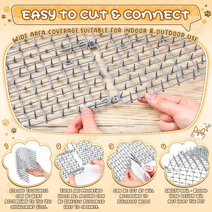 Sanwuta 2 Pcs 26.3 ft Cat Spike Mat Outdoor Cat Deterrent Mat with Spikes Prickle Strips Indoor Dog Digging Deterrent Anti Network Spikes with 10 Staples for Garden Fence(Gray)