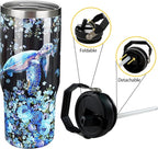 30oz Sea Turtle Gifts Tumblers for Women with Handle and Straws, Stainless Steel Vacuum Insulated Coffee Tumbler, Travel Mug Water Bottle, Sea Turtle Stuff Accessories Decor