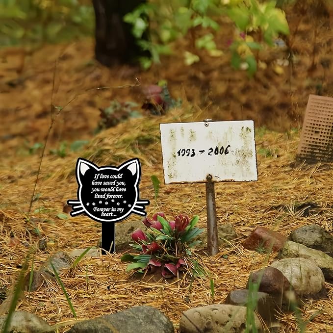 12 inch Metal Cat Memorial Grave Markers for Cats Cemetery Headstones Decorations Grave Pets Cemetery Headstones Ornaments Markers Headstone Pet Stake Graveside Sign Black Sympathy Garden Stake Decor
