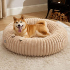 Bedsure Donut Large Dog Bed - Washable Faux Fur Dog Beds Large Sized Dog with Corduroy Fleece & Anti Slip Bottom, Round Pet Beds with Removable Cover, Sandy Tan, 36x36x10 inches