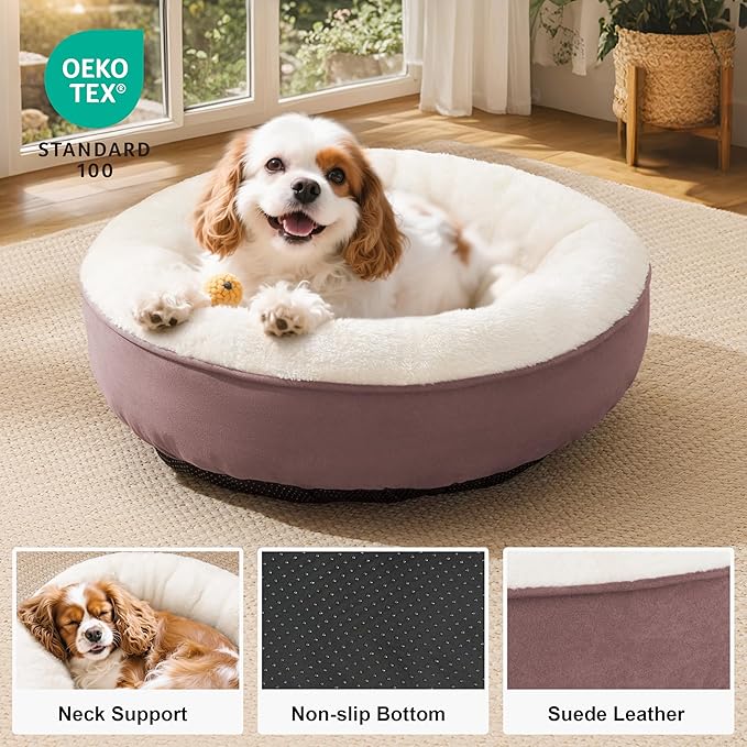 Love's cabin Donut Pet Bed, 25in, Burlwood, for Small Dogs & Cats, Soft Durable Fabric, Anti-Slip, Water-Resistant, Washable