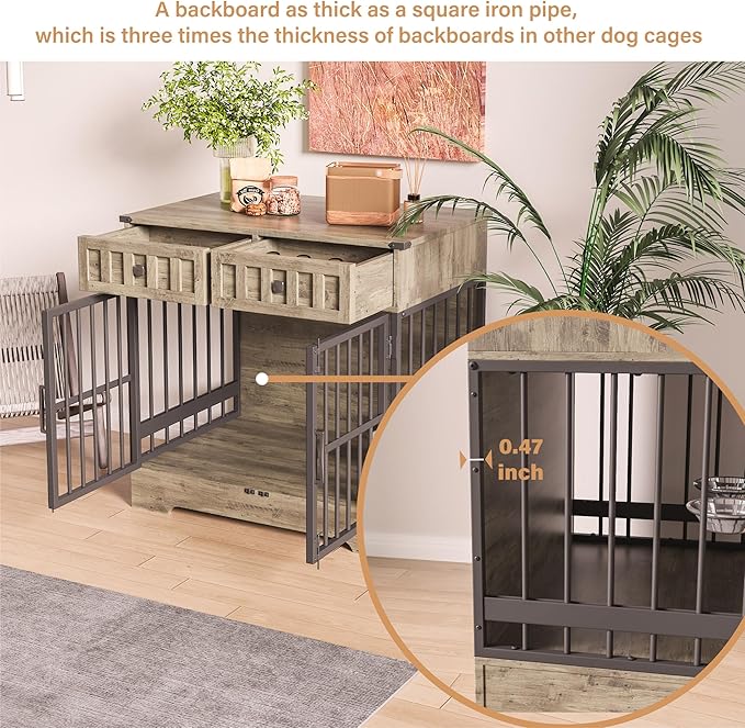 Dog Crate Furniture with 2 Drawers, 35.1" Indoor Wooden Animal Kennel with Detachable & Adjustable Feeder 2 Bowls, Large Medium Small Dog Cage End Table (Brown Gray Alternation)