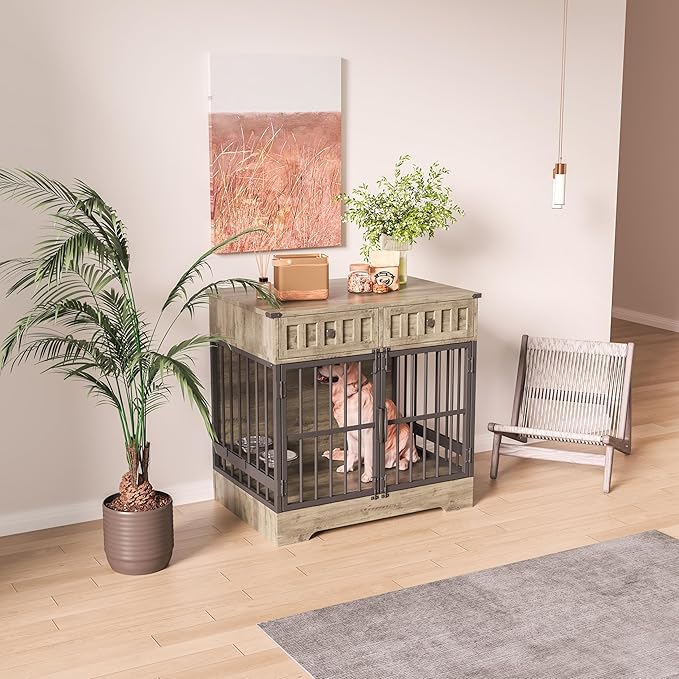 Dog Crate Furniture with 2 Drawers, 35.1" Indoor Wooden Animal Kennel with Detachable & Adjustable Feeder 2 Bowls, Large Medium Small Dog Cage End Table (Brown Gray Alternation)