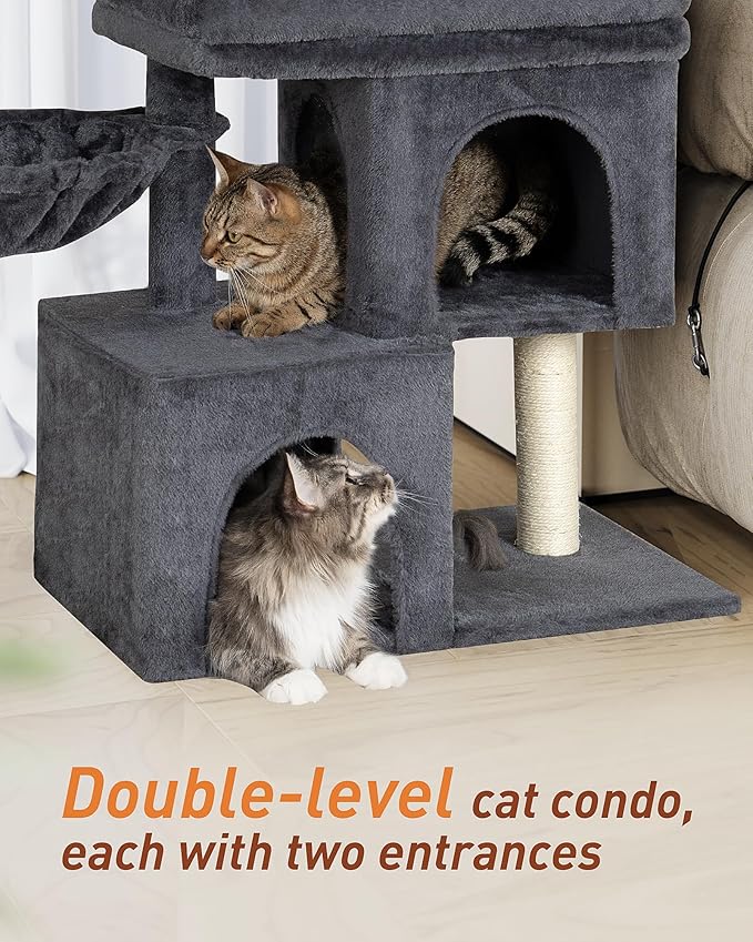 Cat Tree with Soft Top Perch, 21.6in Cat Tower with Hammock and Dual Condos, All-in-one Cat Activity Center, Dark Gray