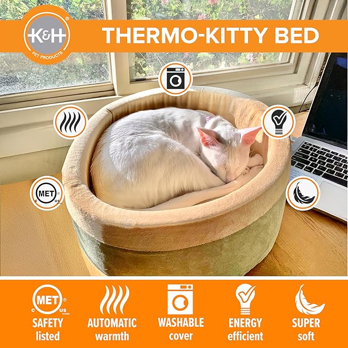 K&H Pet Products Thermo-Kitty Bed Heated Cat Bed for Indoor Cats , Electric Warming Bed for Cats and Small Dogs, Washable Thermal Plush Calming Round Pet Bed - Small 16" Sage/Tan