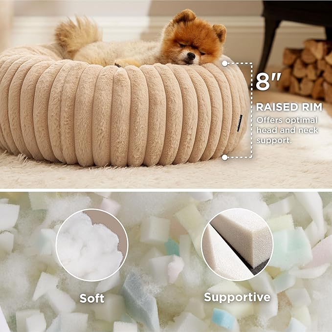 Bedsure Donut Small Dog Bed - Dog Beds for Small Dogs with Corduroy Fleece & Anti Slip Bottom, Round Faux Fur Pet Beds with Washable Removable Cover, Sandy Tan, 23x23x8 inches