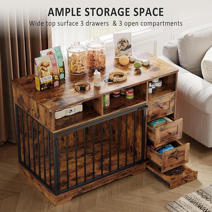 48'' Dog Crate Furniture, Farmhouse Heavy Duty Dog Kennel with Bowl & Storage Drawers, Medium Dog Cage End Table for Small Medium Dogs, Retro Brown