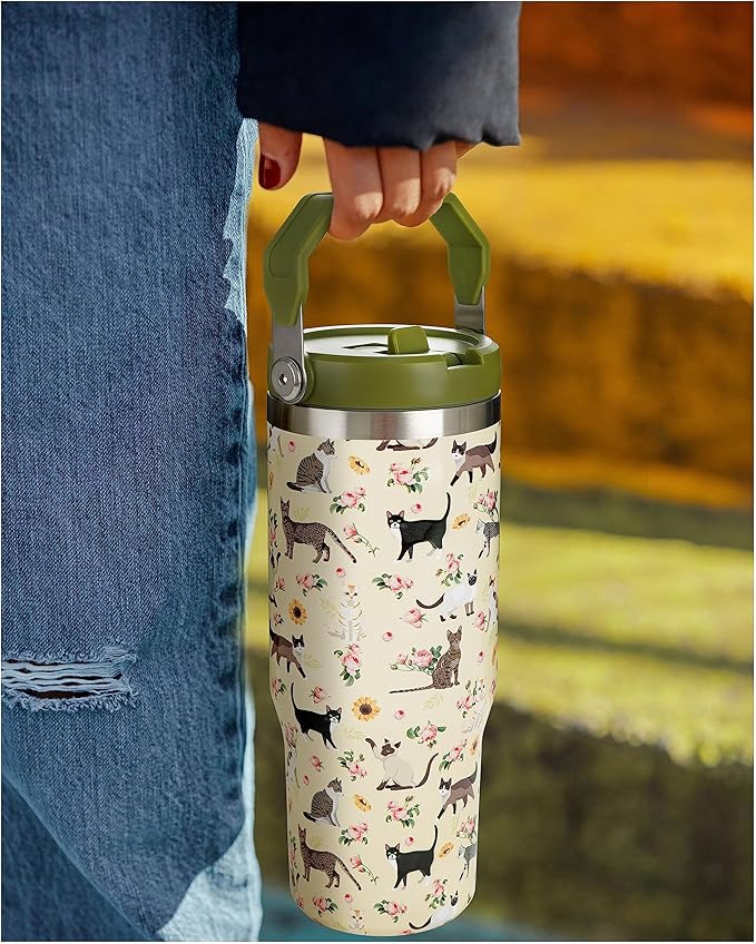 30oz Floral Cat Tumbler with Handle and Straw, Stainless Steel Vacuum Insulated Coffee Tumbler, Travel Mug Water Bottle, Cute Cat Stuff Gifts for Women