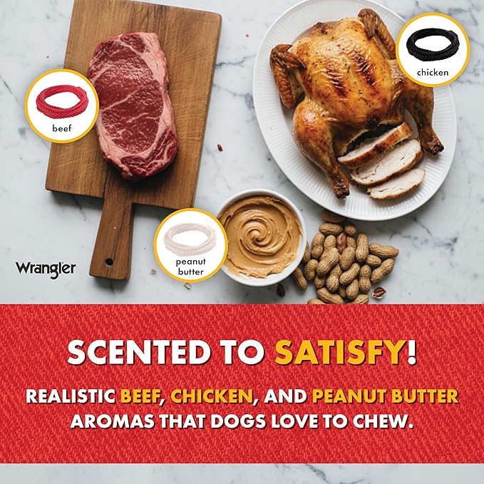 Wrangler Foam Coiled Rope Dog Chew Toy – Scented Dog Rope Toy for Medium to Large Dogs – Pet-Safe Foam Toy for Tug & Fetch – Promotes Healthy Chewing - Indoor/Outdoor Play (Black, Chicken)