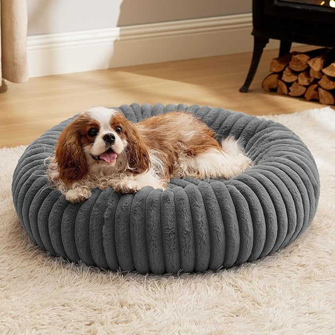 Bedsure Donut Medium Dog Bed - Washable Faux Fur Dog Bed Medium Size Dog with Corduroy Fleece & Anti Slip Bottom, Round Pet Beds with Removable Cover, Warm Grey, 30x30x8 inches