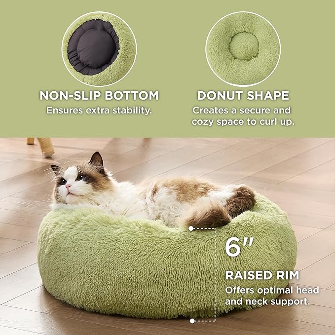 Bedsure Calming Cat Beds for Indoor Cats - Small Cat Bed Washable 20 inches, Anti-Slip Round Fluffy Plush Faux Fur Pet Bed, Fits up to 15 lbs Pets, Green