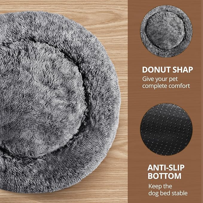 JOLLYVOGUE Calming Dog & Cat Bed for Small Dogs, Anti-Anxiety Donut Cuddler Cozy Soft Round Bed with Anti-Slip Bottom, Fluffy Faux Fur Plush Cushion Beds for Small Medium Dogs, 23"/Smoke Black
