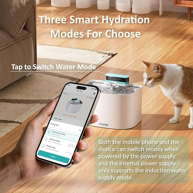 PET LAYSON Pumpless Cat Water Fountain, App Remote Control Smart Cordless Rechargeable Battery Operated, 3.6L/122oz 2.4G Wi-Fi Dog Water Dispenser, 2 Filters,2 Nozzles(Black, M1 Pro)