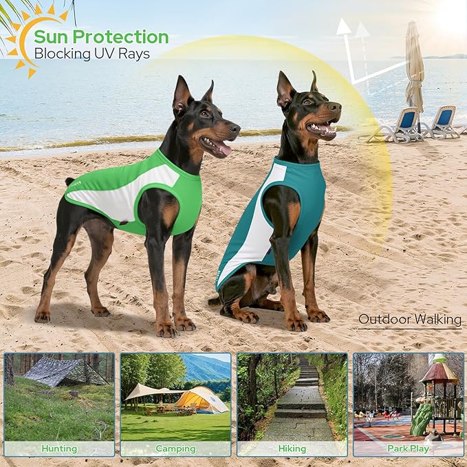 2 Pack Dog Shirts, Breathable Dog Clothes, Summer Sun Protection Pet Sleeveless Vest, Lightweight Stretchy Tank Top T-Shirts for Large Medium Dogs-Green White+Blue White (L)