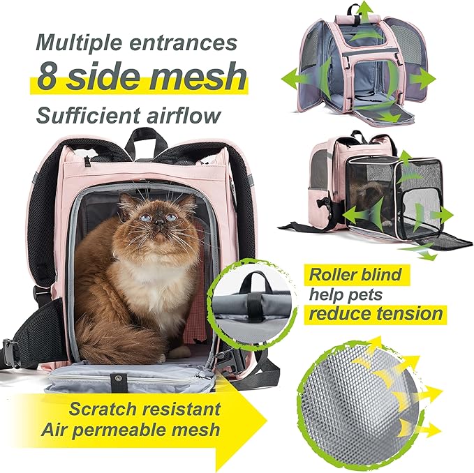 Expandable Pet Carrier, Airline-Approved Foldable and Detachable Backpack, Fits 13lbs Cat&11lbs Small Puppy Dog, for Car Travel,Camping and Emergency Transportation and Shelter (Pink)
