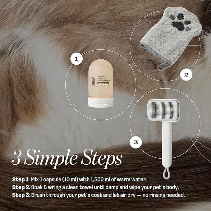 Cat Rinse-Free Shampoo & Conditioner with Bath Mitt – Sensitive Skin, Stress & Itch Relief Leave-In Cleanse Serum – 98.65% Naturally Derived, Gentle Cleanse, Hydrate & Deodorize – 8 x 10ml