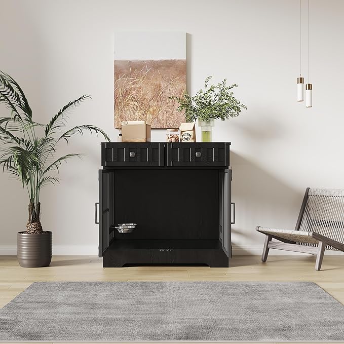 Dog Crate Furniture with 2 Drawers, 35.1" Indoor Wooden Animal Kennel with Detachable & Adjustable Feeder 2 Bowls, Large Medium Small Dog Cage End Table (Advanced Black)