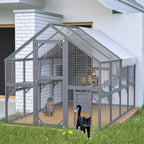 110" Wide Catio Enclosure,Wooden Outdoor Cat Catio - XL Walk-in w/60 Human Door, 2 Suspension Bridges & 5 Platforms | Weatherproof Oxford Roof & Safety Latches,(Gray)