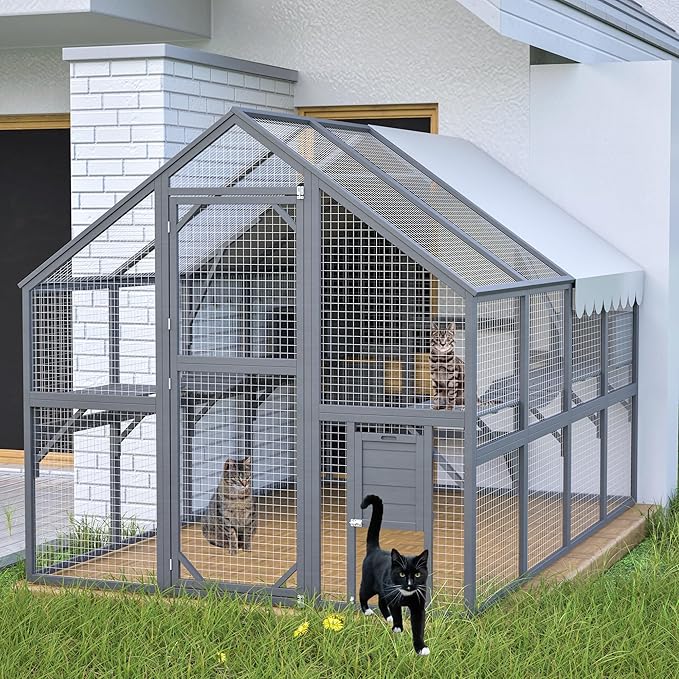 110" Wide Catio Enclosure,Wooden Outdoor Cat Catio - XL Walk-in w/60 Human Door, 2 Suspension Bridges & 5 Platforms | Weatherproof Oxford Roof & Safety Latches,(Gray)