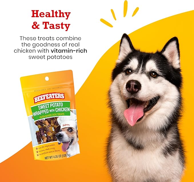 Beefeaters Sweet Potato Wrap with Chicken – Dog Treat. No Corn, Wheat, Soy or Gluten, Low Fat, Whole Muscle Jerky, Ideal for Training & Snacks